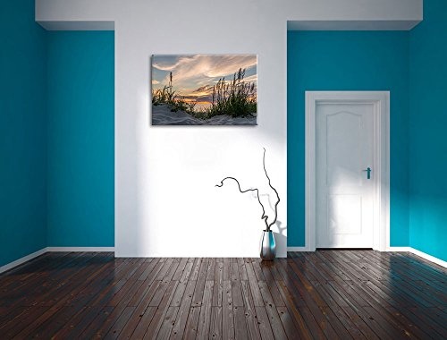 Gras am Strand bei Sonnenuntergang Format: 100x70 auf Leinwand, XXL riesige Bilder fertig gerahmt mit Keilrahmen, Kunstdruck auf Wandbild mit Rahmen, günstiger als Gemälde oder Ölbild, kein Poster oder Plakat