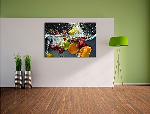 Früchte fallen ins Wasser Format: 120x80 auf Leinwand, XXL riesige Bilder fertig gerahmt mit Keilrahmen, Kunstdruck auf Wandbild mit Rahmen, günstiger als Gemälde oder Ölbild, kein Poster oder Plakat