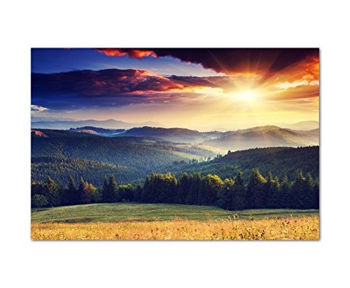 120x80cm - Fotodruck auf Leinwand und Rahmen Landschaft Berge Wald Sonnenuntergang - Leinwandbild auf Keilrahmen modern stilvoll - Bilder und Dekoration