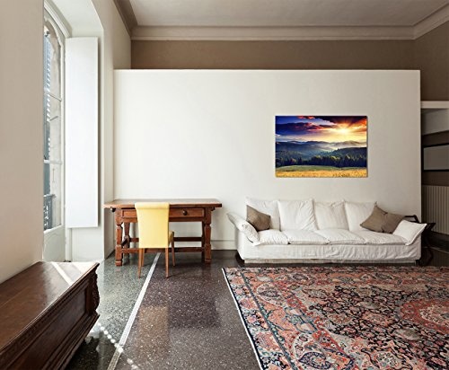 120x80cm - Fotodruck auf Leinwand und Rahmen Landschaft Berge Wald Sonnenuntergang - Leinwandbild auf Keilrahmen modern stilvoll - Bilder und Dekoration
