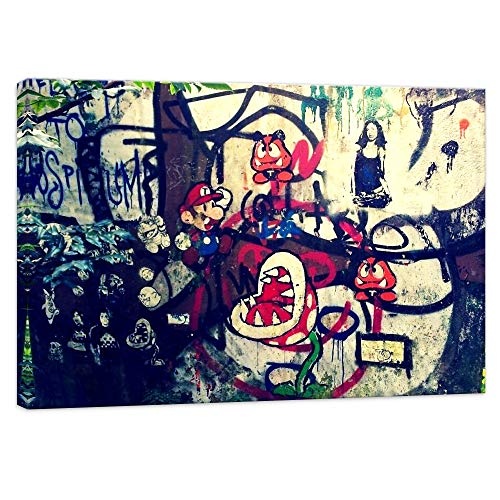 Druck auf leinwand Banksy Graffiti - Bild Super Mario Collage ! Bild fertig auf Keilrahmen !Kunstdrucke, Wandbilder, Bilder zur Dekoration - Bank (50x70cm)