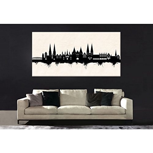 Kunstbruder Lübeck Skyline - Schwarz/Weiss (Div. Grössen) 3D 4cm - Kunst Druck auf Leinwandbild 60x120cm