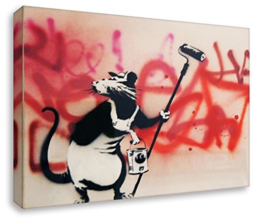 Kunstdruck auf Leinwand - Banksy Graffiti Maler Ratte ! Bild fertig auf Keilrahmen ! Pop Art Gemälde Wandbilder Leinwandbild Streetart Wohnzimmerbild Küchenbild Praxisbild