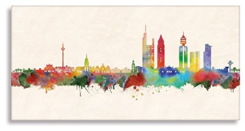 Kunstbruder Wandbild - Frankfurt Skyline Farbe (Div. Größen) 3D 4cm - Kunstdruck auf Leinwand Panorama Streetart Like Banksy Wohnzimmerbild 30x60cm