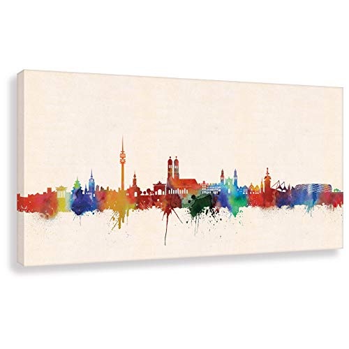 Kunstbruder Münchener Skyline - Farbe 100x200cm - by Stadt München Kunstdruck 2cm (div. Varianten/Größen)- Leinwandbild Wandbild/fertig aufgespannt/fertig zum aufhängen