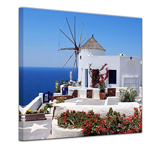 Wandbild - Griechische Mühle - Bild auf Leinwand - 40 x 40 cm - Leinwandbilder - Bilder als Leinwanddruck - Urlaub, Sonne & Meer - Mittelmeer - Griechenland - Mühle in Santorini