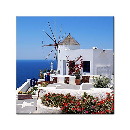 Wandbild - Griechische Mühle - Bild auf Leinwand - 40 x 40 cm - Leinwandbilder - Bilder als Leinwanddruck - Urlaub, Sonne & Meer - Mittelmeer - Griechenland - Mühle in Santorini