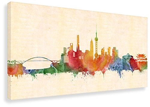 Kunstbruder Shanghai Stadt Skyline - Wandbild - Farbe (Div. Größen) - Kunst Druck auf Leinwand 70x140cm