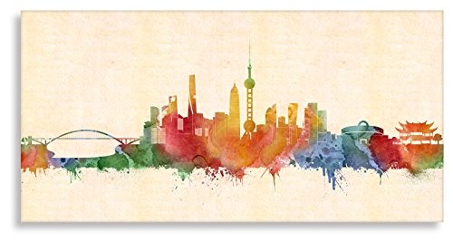 Kunstbruder Shanghai Stadt Skyline - Wandbild - Farbe (Div. Größen) - Kunst Druck auf Leinwand 70x140cm