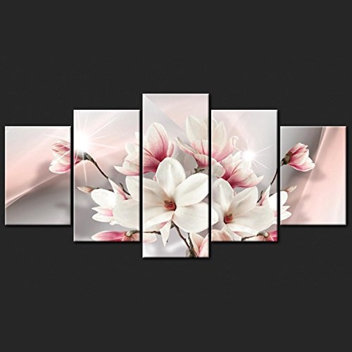 decomonkey Bilder Blumen Magnolien 200x100 cm 5 Teilig Leinwandbilder Bild auf Leinwand Vlies Wandbild Kunstdruck Wanddeko Wand Wohnzimmer Wanddekoration Deko Orchidee Rosa