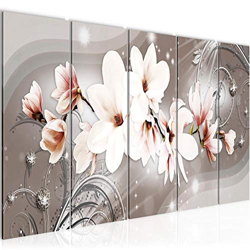 Bilder Blumen Magnolien Wandbild 150 x 60 cm Vlies - Leinwand Bild XXL Format Wandbilder Wohnzimmer Wohnung Deko Kunstdrucke Braun 5 Teilig - MADE IN GERMANY - Fertig zum Aufhängen 006256a