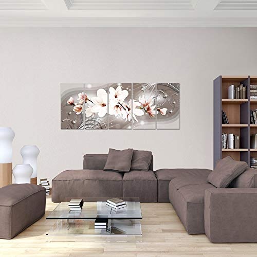 Bilder Blumen Magnolien Wandbild 150 x 60 cm Vlies - Leinwand Bild XXL Format Wandbilder Wohnzimmer Wohnung Deko Kunstdrucke Braun 5 Teilig - MADE IN GERMANY - Fertig zum Aufhängen 006256a