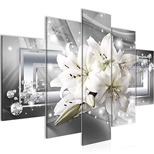 Bilder Blumen Lilie Wandbild 150 x 75 cm Vlies - Leinwand Bild XXL Format Wandbilder Wohnzimmer Wohnung Deko Kunstdrucke Grau 5 Teilig - MADE IN GERMANY - Fertig zum Aufhängen 021753c