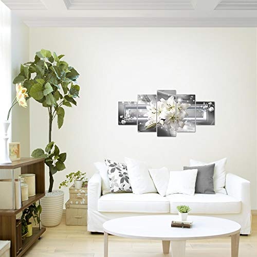Bilder Blumen Lilie Wandbild 150 x 75 cm Vlies - Leinwand Bild XXL Format Wandbilder Wohnzimmer Wohnung Deko Kunstdrucke Grau 5 Teilig - MADE IN GERMANY - Fertig zum Aufhängen 021753c