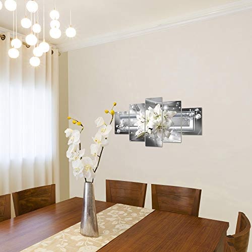 Bilder Blumen Lilie Wandbild 150 x 75 cm Vlies - Leinwand Bild XXL Format Wandbilder Wohnzimmer Wohnung Deko Kunstdrucke Grau 5 Teilig - MADE IN GERMANY - Fertig zum Aufhängen 021753c