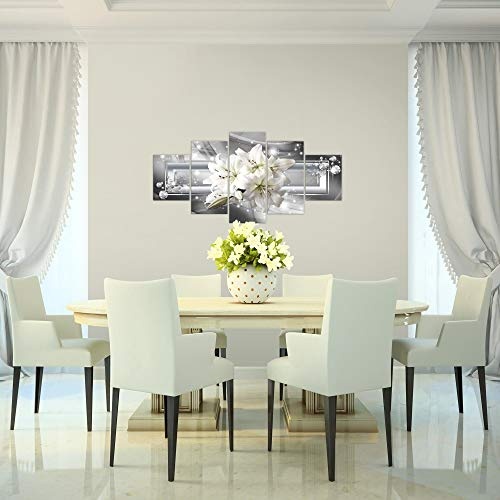 Bilder Blumen Lilie Wandbild 150 x 75 cm Vlies - Leinwand Bild XXL Format Wandbilder Wohnzimmer Wohnung Deko Kunstdrucke Grau 5 Teilig - MADE IN GERMANY - Fertig zum Aufhängen 021753c