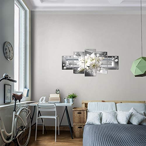 Bilder Blumen Lilie Wandbild 150 x 75 cm Vlies - Leinwand Bild XXL Format Wandbilder Wohnzimmer Wohnung Deko Kunstdrucke Grau 5 Teilig - MADE IN GERMANY - Fertig zum Aufhängen 021753c