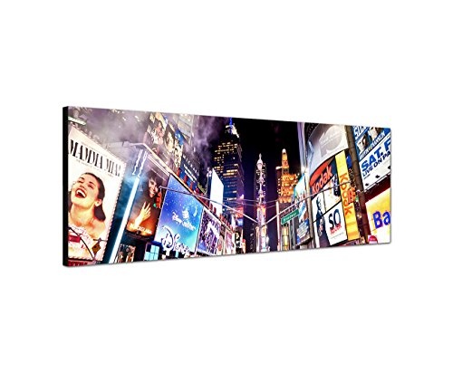 Wandbild auf Leinwand als Panorama in 150x50cm New York Broadway Leuchtreklamen