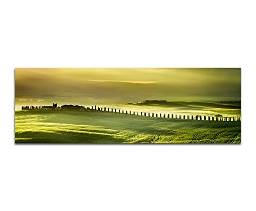 Wandbild auf Leinwand als Panorama in 150x50cm Landschaft Wiesen Dorf Bäume Sonnenaufgang
