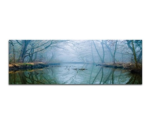 Wandbild auf Leinwand als Panorama in 150x50cm Wald Bäume Fluss Nebel Dunst