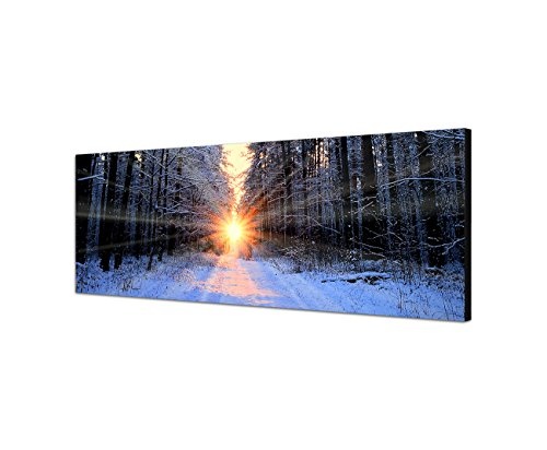 Wandbild auf Leinwand als Panorama in 150x50cm Wald Bäume Winter Schnee Sonnenaufgang