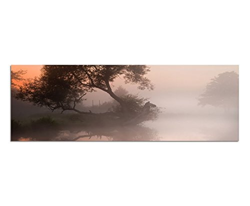 Wandbild auf Leinwand als Panorama in 150x50cm Fluss Baum Nebel Morgendämmerung