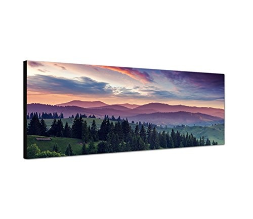 Wandbild auf Leinwand als Panorama in 150x50cm Ukraine Berge Wald Bäume Abendsonne