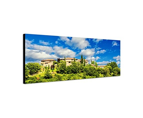 Wandbild auf Leinwand als Panorama in 150x50cm Toskana Dorf Bäume Wolken Sommer