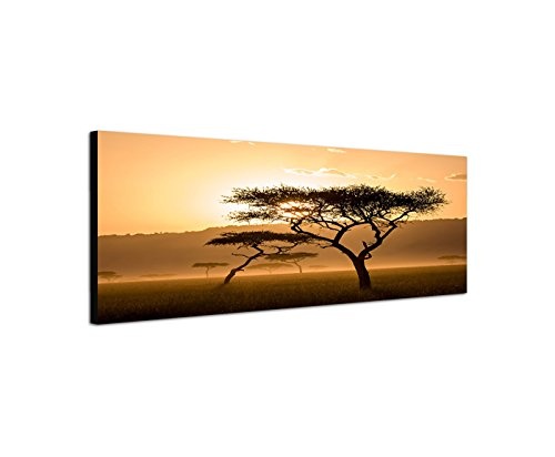 Wandbild auf Leinwand als Panorama in 150x50cm Kenia Wiese Bäume Dunst Sonnenuntergang