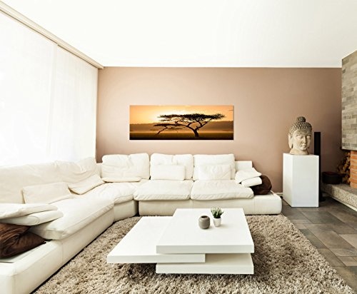 Wandbild auf Leinwand als Panorama in 150x50cm Kenia Wiese Bäume Dunst Sonnenuntergang