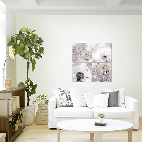 Bilder Blumen Pusteblume Wandbild 80 x 80 cm Vlies - Leinwand Bild XXL Format Wandbilder Wohnzimmer Wohnung Deko Kunstdrucke Rosa Grau 4 Teilig - MADE IN GERMANY - Fertig zum Aufhängen 009843c