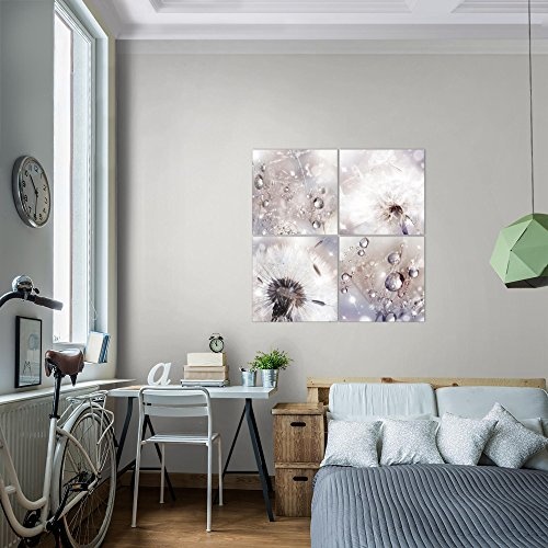 Bilder Blumen Pusteblume Wandbild 80 x 80 cm Vlies - Leinwand Bild XXL Format Wandbilder Wohnzimmer Wohnung Deko Kunstdrucke Rosa Grau 4 Teilig - MADE IN GERMANY - Fertig zum Aufhängen 009843c