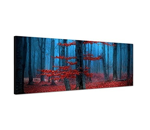Wandbild auf Leinwand als Panorama in 150x50cm Wald Bäume Laub Herbst Nebel
