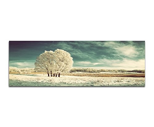 Wandbild auf Leinwand als Panorama in 150x50cm Winterlandschaft Wiese Baum Schnee Wolken