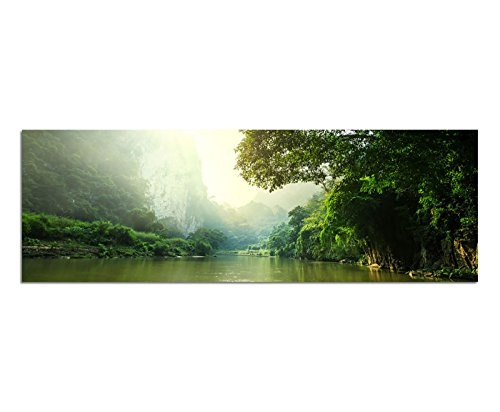 Wandbild auf Leinwand als Panorama in 150x50cm Laos Wald Bäume Fluss Sonnenstrahlen