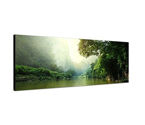 Wandbild auf Leinwand als Panorama in 150x50cm Laos Wald Bäume Fluss Sonnenstrahlen
