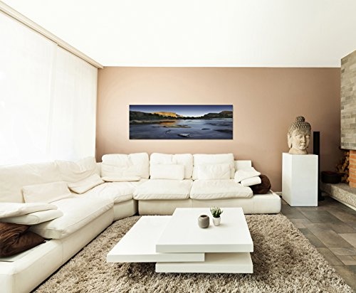 Wandbild auf Leinwand als Panorama in 150x50cm Felsen Bäume Fluss Steine Abendlicht