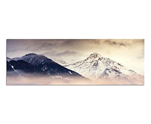 Wandbild auf Leinwand als Panorama in 150x50cm Berge Bäume Nebel Schnee Dämmerung