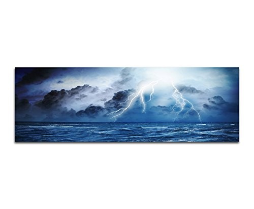 Wandbild auf Leinwand als Panorama in 150x50cm Meer Sturm Wolken Gewitter blitze Nacht