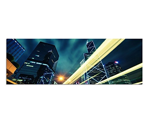 Wandbild auf Leinwand als Panorama in 150x50cm Hongkong Wolkenkratzer Straße Lichter Nacht