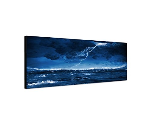 Wandbild auf Leinwand als Panorama in 150x50cm Meer Wellen Sturm Gewitter Blitze Nacht