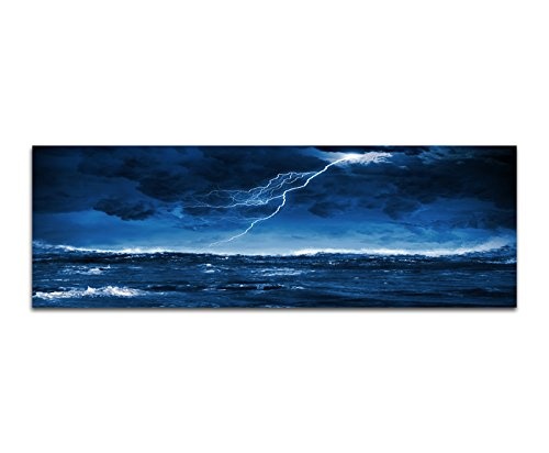 Wandbild auf Leinwand als Panorama in 150x50cm Meer Wellen Sturm Gewitter Blitze Nacht