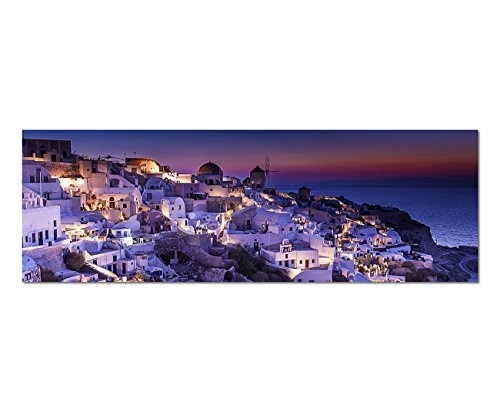 Wandbild auf Leinwand als Panorama in 150x50cm Griechenland Santorini Vollmond Meer Nacht