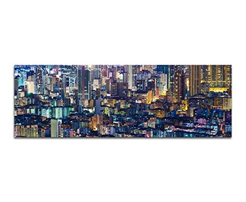 Wandbild auf Leinwand als Panorama in 150x50cm Hongkong Gebäude Nacht Lichter modern