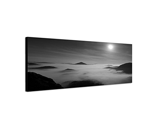 Wandbild auf Leinwand als Panorama in 150x50cm Berge Nebel Nacht Vollmond