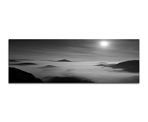 Wandbild auf Leinwand als Panorama in 150x50cm Berge Nebel Nacht Vollmond