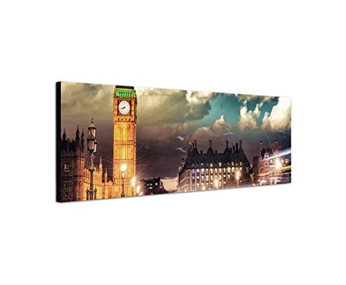 Wandbild auf Leinwand als Panorama in 150x50cm London Big Ben Westminster Bridge Nacht