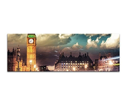 Wandbild auf Leinwand als Panorama in 150x50cm London Big Ben Westminster Bridge Nacht