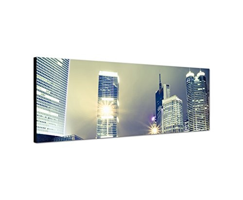 Wandbild auf Leinwand als Panorama in 150x50cm Shanghai Hochhäuser Nacht Lichter