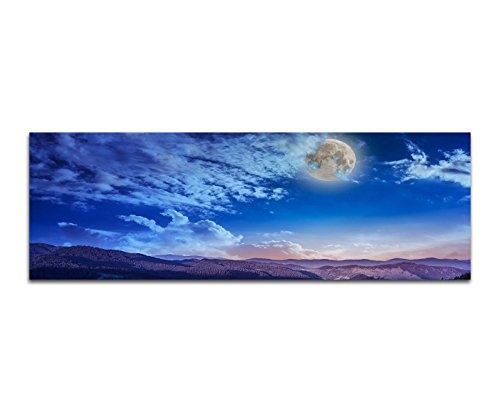 Wandbild auf Leinwand als Panorama in 150x50cm Berge Wiesen Wolkenschleier Nacht Vollmond